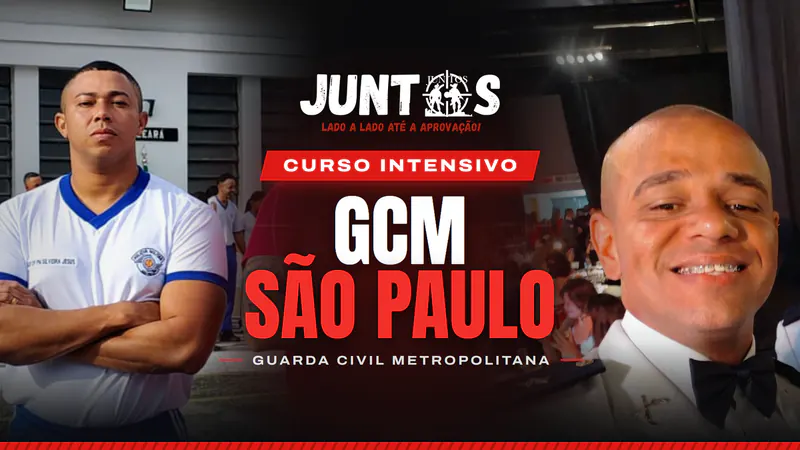 Arte do curso, com um rapaz de uniforme de educação física da PM, a logo do Juntos e o Kilder de uniforme de gala. Na arte: Curso intensivo, GCM São Paulo, Guarda Civil Metropolitana