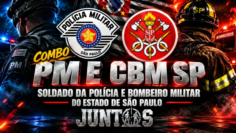 Capa do curso: Combo PM e CBM SP, Soldado da Polícia e Bombeiro Militar do Estado de São Paulo, com os brasões da PM e do Corpo de Bombeiros e a logo do Juntos